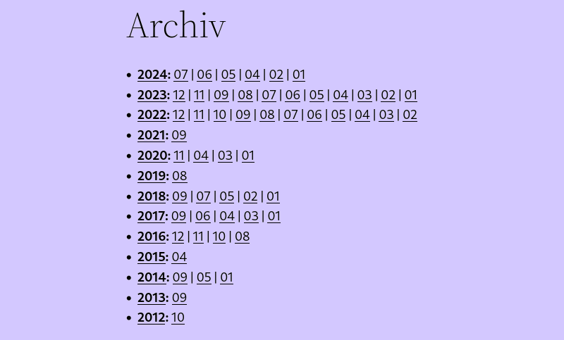 A much more compact archive: One line for every year; within this line, the list of months with posts